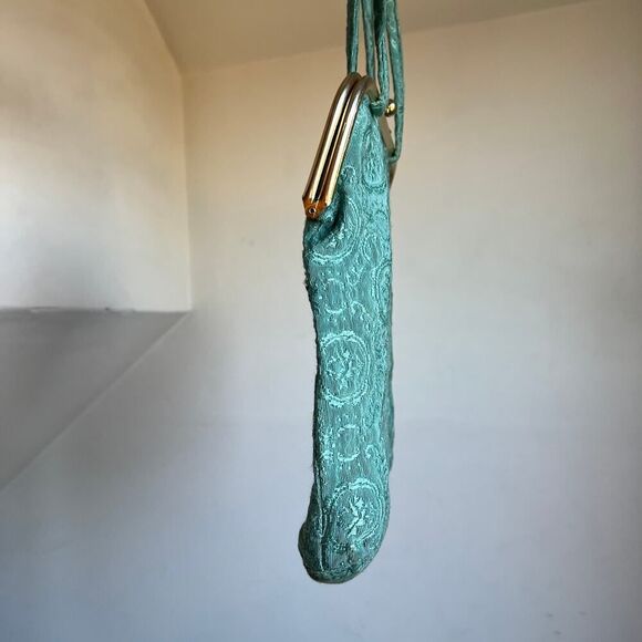 Antique Vintage‎ Teal Seafoam Green Handbag Kiss Lock Purse Tote Gold Tapestry - Picture 4 of 9